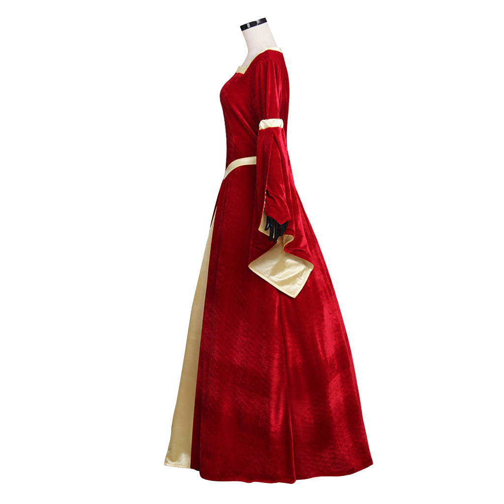 Custom Made Medieval Velvet Red Yellow Trumpet Sleeves Dress | Wedding & Fancy Party Costume