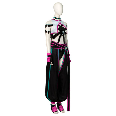 Street Fighter 6 Juri Cosplay Costume - Hollow Bodysuit Vest Pants Set with Gloves Belt