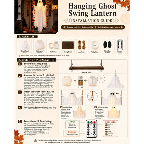 Spooky 1.2m LED Light-Up Swinging Ghost Halloween Decoration with Wooden Maple Leaf Garland, Remote Control, Hanging Outdoor Porch Decor for Yard, Tree & Party