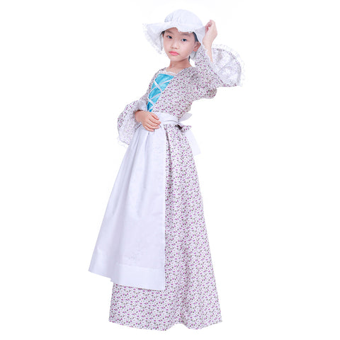 Reenactment Pioneer Prairie Colonial Maid Girls Kids Costume Carnival Victorian Medieval Cosplay Child Dress with Hat