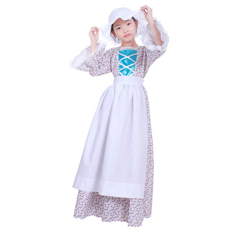 Reenactment Pioneer Prairie Colonial Maid Girls Kids Costume Carnival Victorian Medieval Cosplay Child Dress with Hat