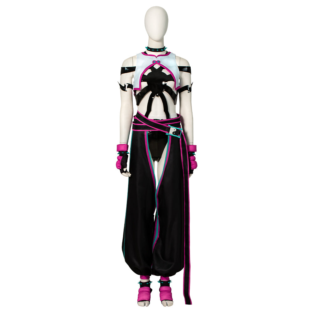 Street Fighter 6 Juri Cosplay Costume - Hollow Bodysuit Vest Pants Set with Gloves Belt