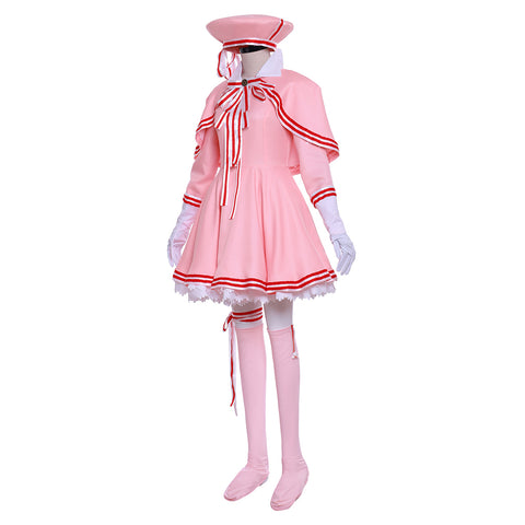 Cardcaptor Sakura Cosplay Costume - Pink Long Sleeve Dress with Hat, Shawl, Ribbon & Bow