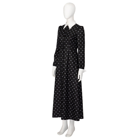 Halloween Cosplay Wednesday Addams Costume - Black Long Sleeve Dress with Printed Details