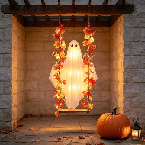Remote Control Maple Leaf Ghost Swing Ornament, Artificial Hanging, Halloween Party Scene Decor, Indoor Outdoor Atmosphere Decoration