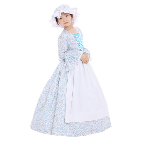 Colonial Girls Cosplay Costume | Victorian Medieval Style Dress with Hat & Floral Print for Kids