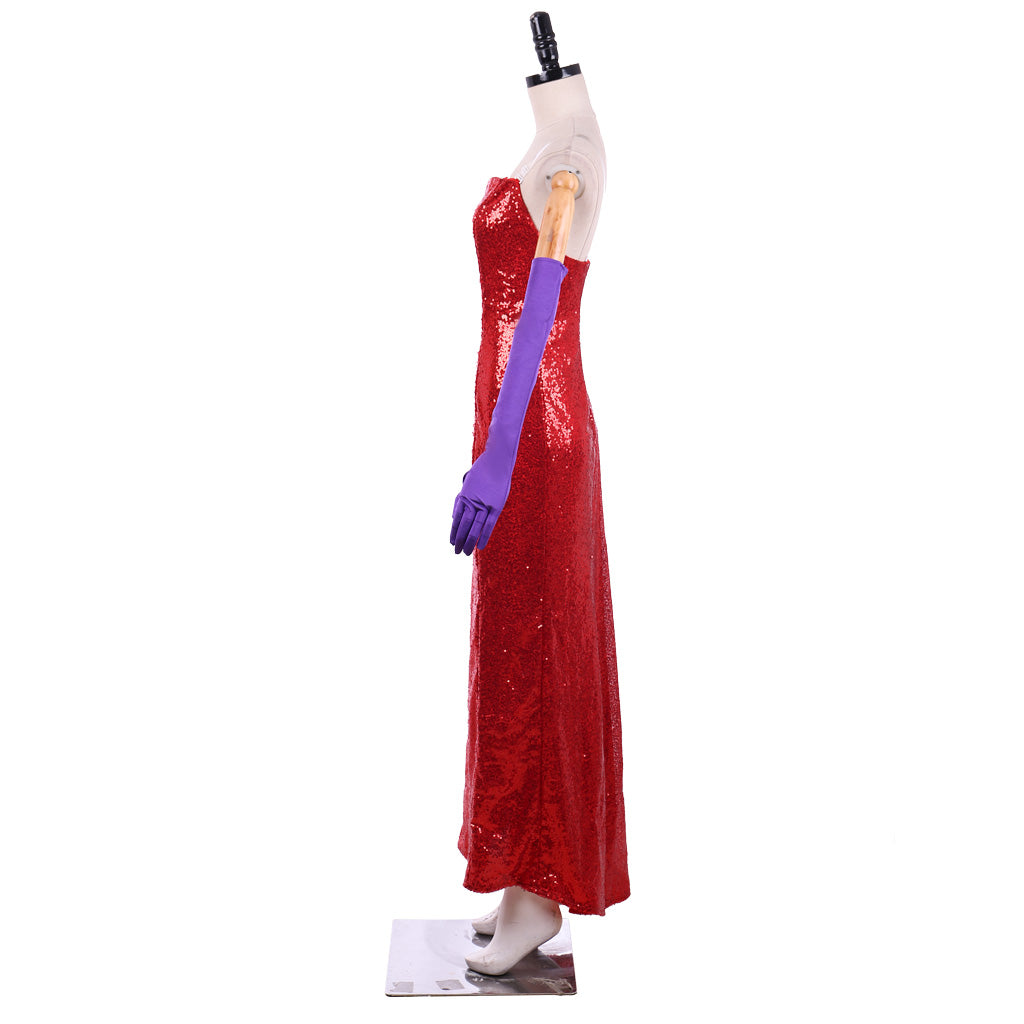 Jessica Rabbit Sexy Red Sequined Cosplay Dress with High Split and Purple Gloves