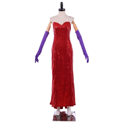 Jessica Rabbit Sexy Red Sequined Cosplay Dress with High Split and Purple Gloves