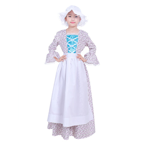 Reenactment Pioneer Prairie Colonial Maid Girls Kids Costume Carnival Victorian Medieval Cosplay Child Dress with Hat