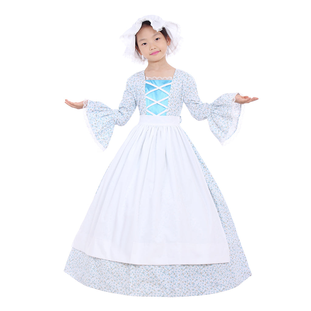 Colonial Girls Cosplay Costume | Victorian Medieval Style Dress with Hat & Floral Print for Kids