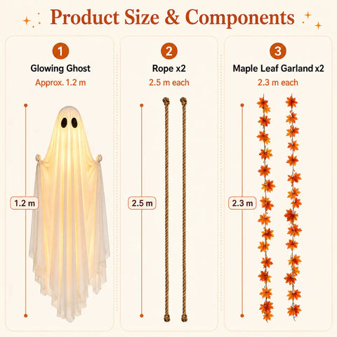 Spooky 1.2m LED Light-Up Swinging Ghost Halloween Decoration with Wooden Maple Leaf Garland, Remote Control, Hanging Outdoor Porch Decor for Yard, Tree & Party