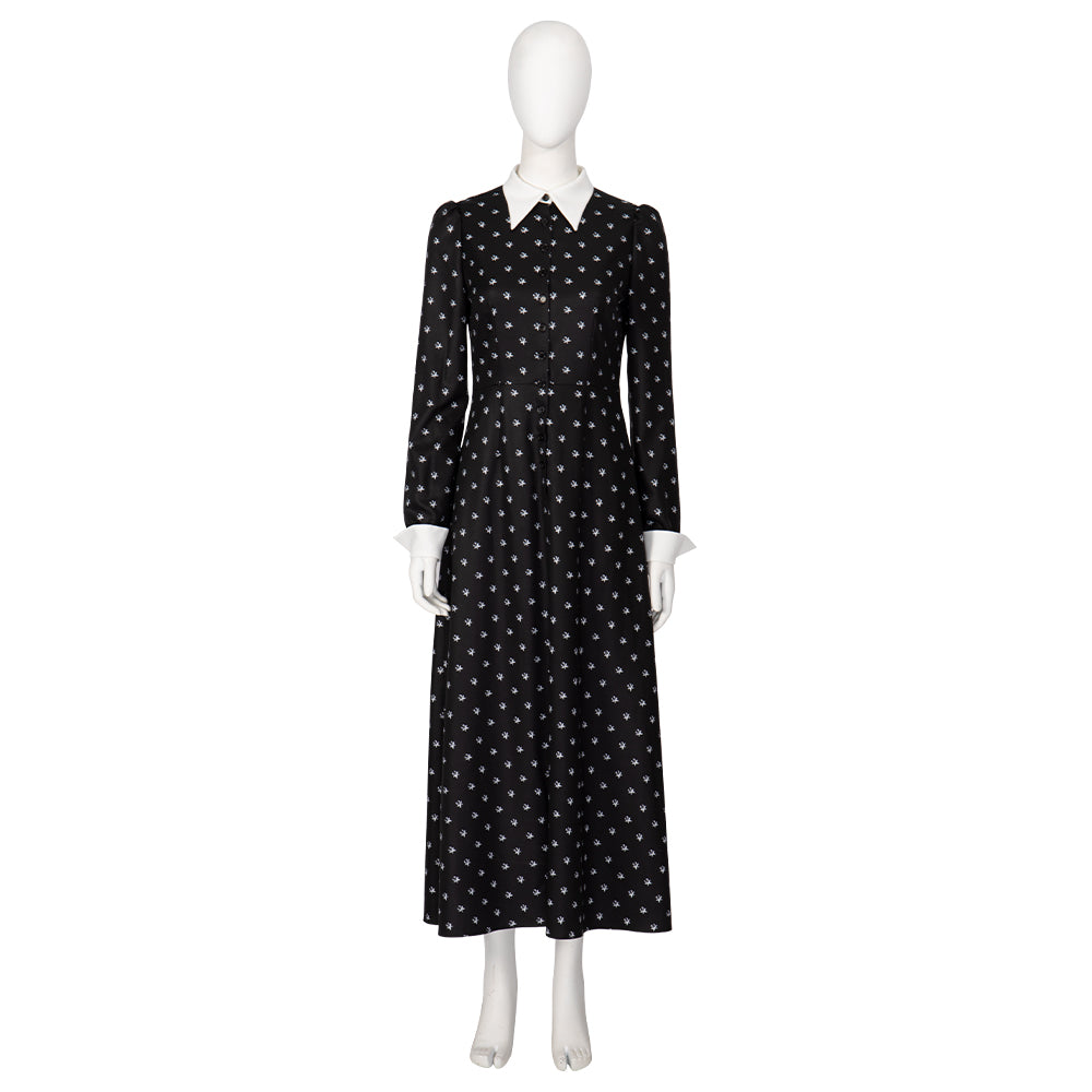 Halloween Cosplay Wednesday Addams Costume - Black Long Sleeve Dress with Printed Details