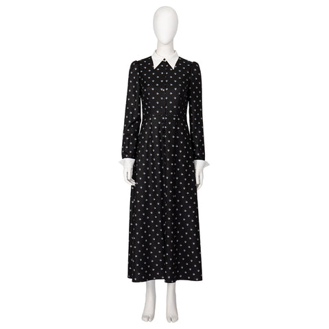 Halloween Cosplay Wednesday Addams Costume - Black Long Sleeve Dress with Printed Details