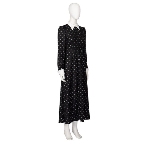 Halloween Cosplay Wednesday Addams Costume - Black Long Sleeve Dress with Printed Details