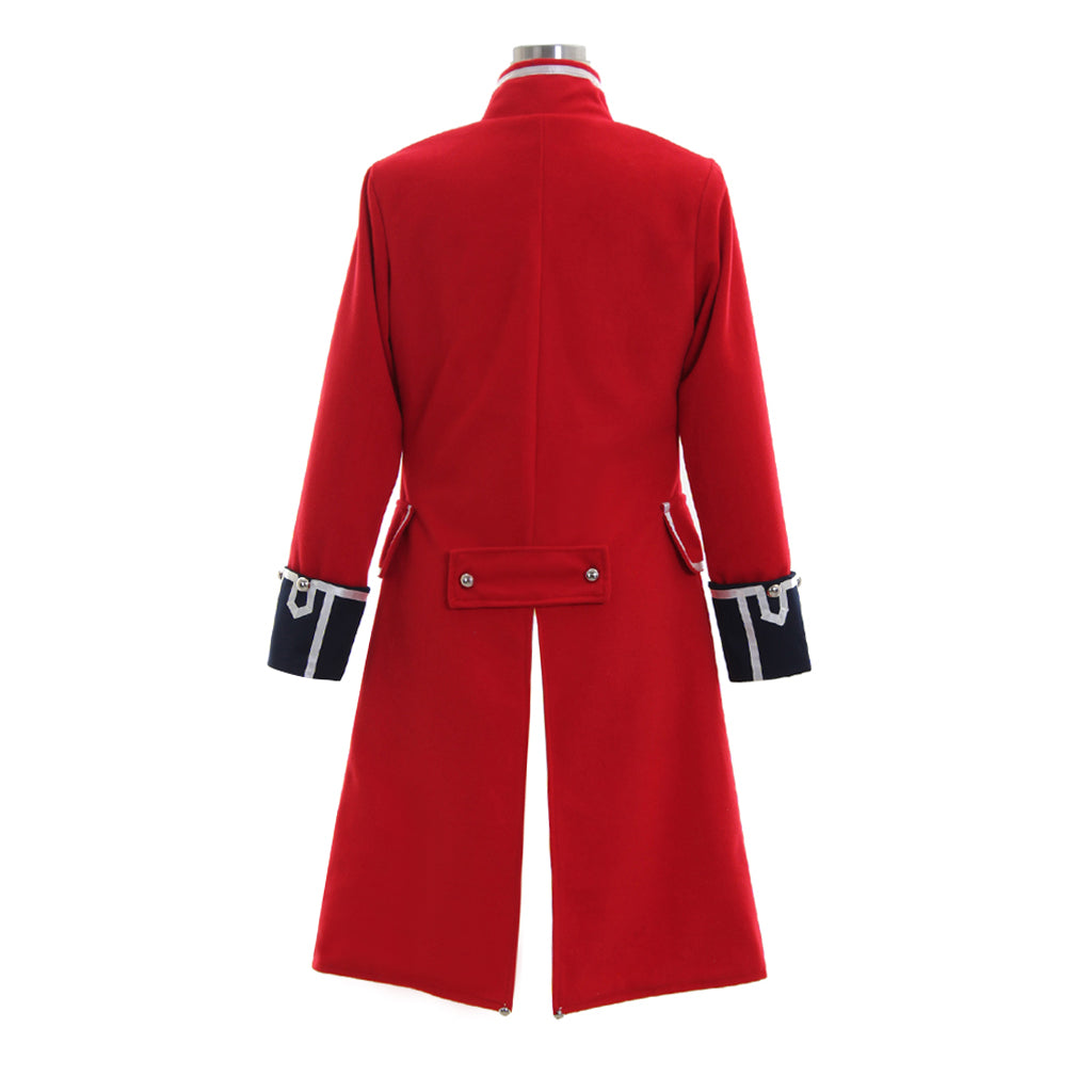 Elegant Red Wool Pirate Coat with Black Cuffs for Women – Napoleon Jacket Style Costume