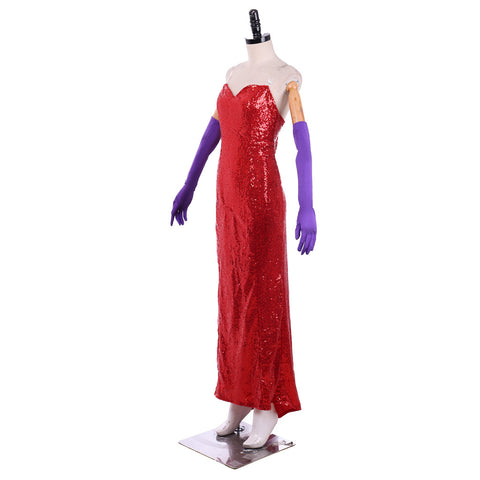 Jessica Rabbit Sexy Red Sequined Cosplay Dress with High Split and Purple Gloves