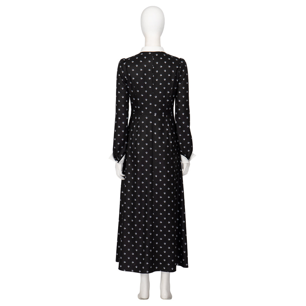 Halloween Cosplay Wednesday Addams Costume - Black Long Sleeve Dress with Printed Details