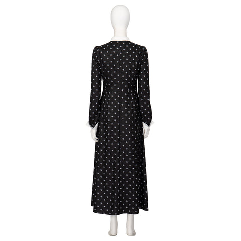 Halloween Cosplay Wednesday Addams Costume - Black Long Sleeve Dress with Printed Details