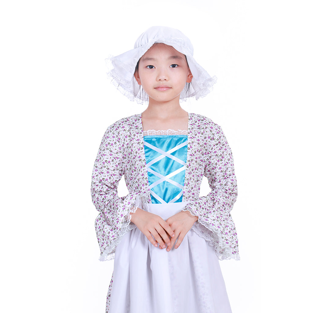 Reenactment Pioneer Prairie Colonial Maid Girls Kids Costume Carnival Victorian Medieval Cosplay Child Dress with Hat