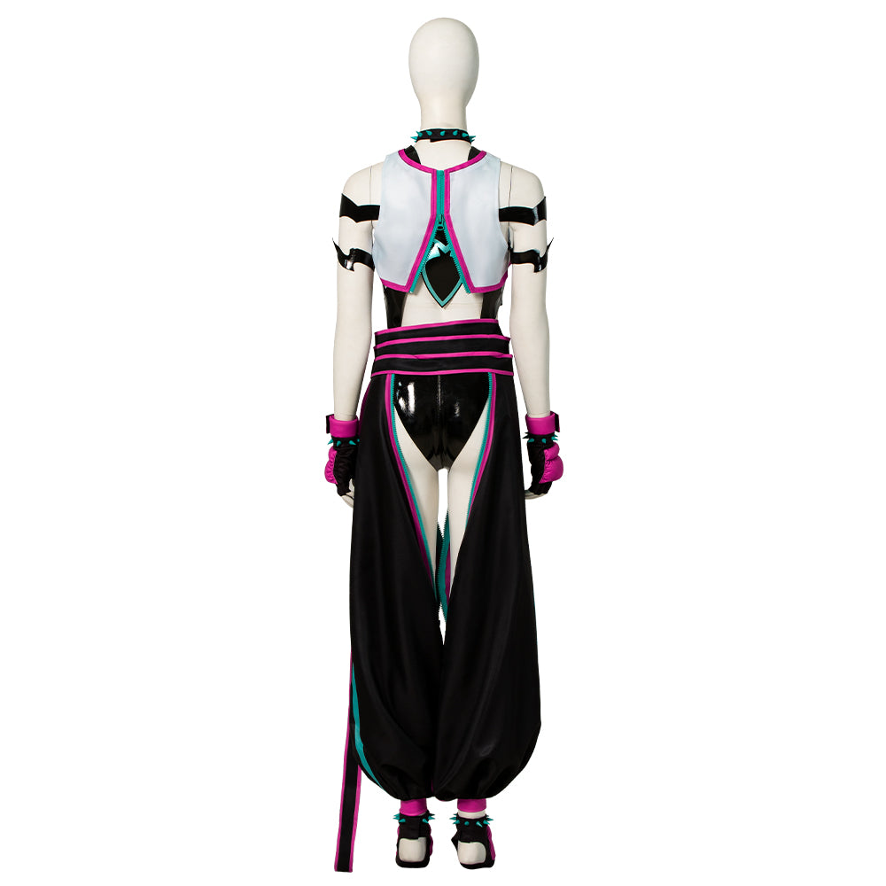 Street Fighter 6 Juri Cosplay Costume - Hollow Bodysuit Vest Pants Set with Gloves Belt