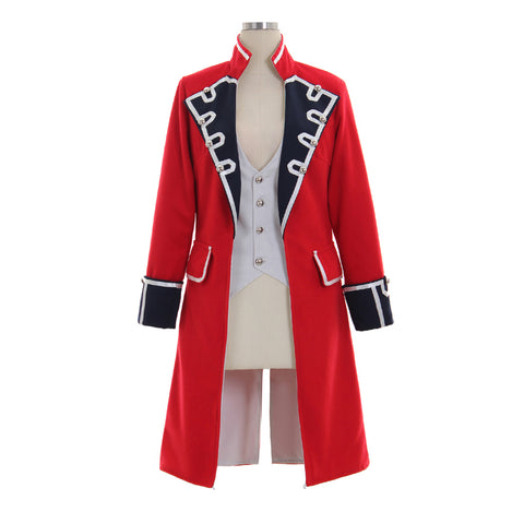 Elegant Red Wool Pirate Coat with Black Cuffs for Women – Napoleon Jacket Style Costume