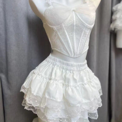 Sweetheart Neckline Flowy A-Line Skirt with Tiered Ruffle Hem - High Waist Plaid Ballet Mini Skirt