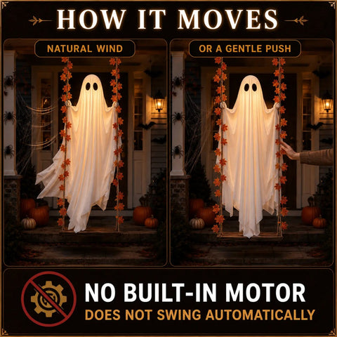 Spooky 1.2m LED Light-Up Swinging Ghost Halloween Decoration with Wooden Maple Leaf Garland, Remote Control, Hanging Outdoor Porch Decor for Yard, Tree & Party