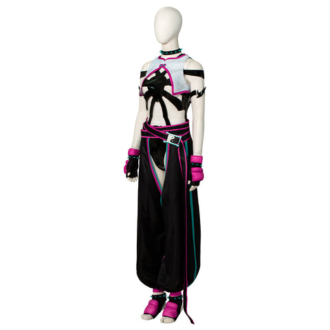 Street Fighter 6 Juri Cosplay Costume - Hollow Bodysuit Vest Pants Set with Gloves Belt