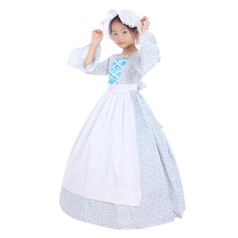 Colonial Girls Cosplay Costume | Victorian Medieval Style Dress with Hat & Floral Print for Kids