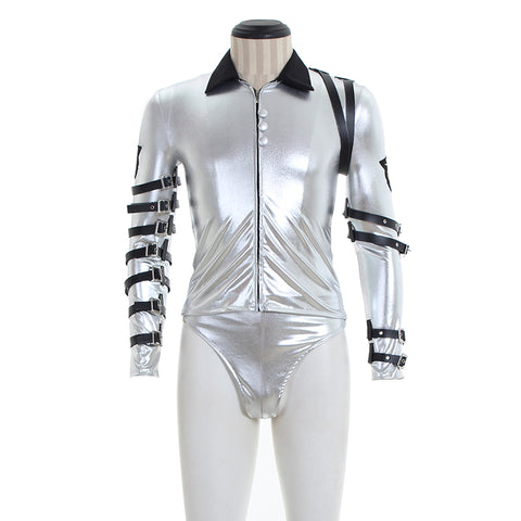 Punk MJ Michael Jackson Classic BAD Tour Silver Shine Bodysuit Jacket Apparel