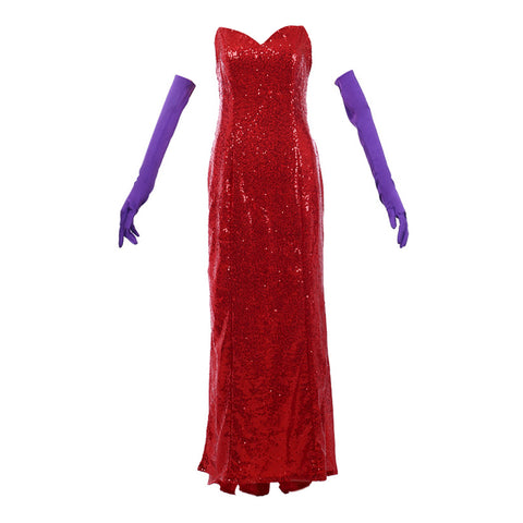 Jessica Rabbit Sexy Red Sequined Cosplay Dress with High Split and Purple Gloves