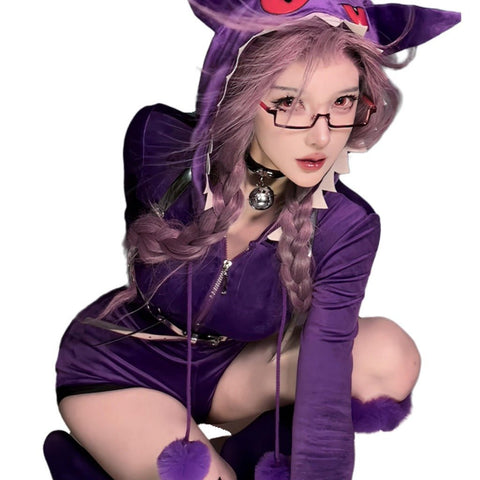 Adorable Anime Pokémon Gengar Purple Plush Cosplay Jumpsuit for Women - Coscosmos