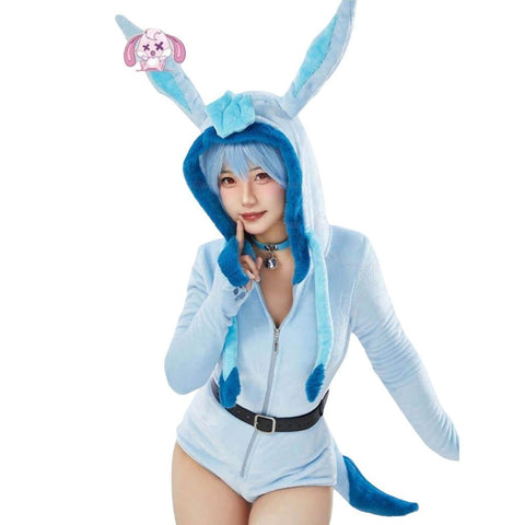 Adorable Pokemon Glaceon Blue Plush Cosplay Hoodie for Women - Coscosmos