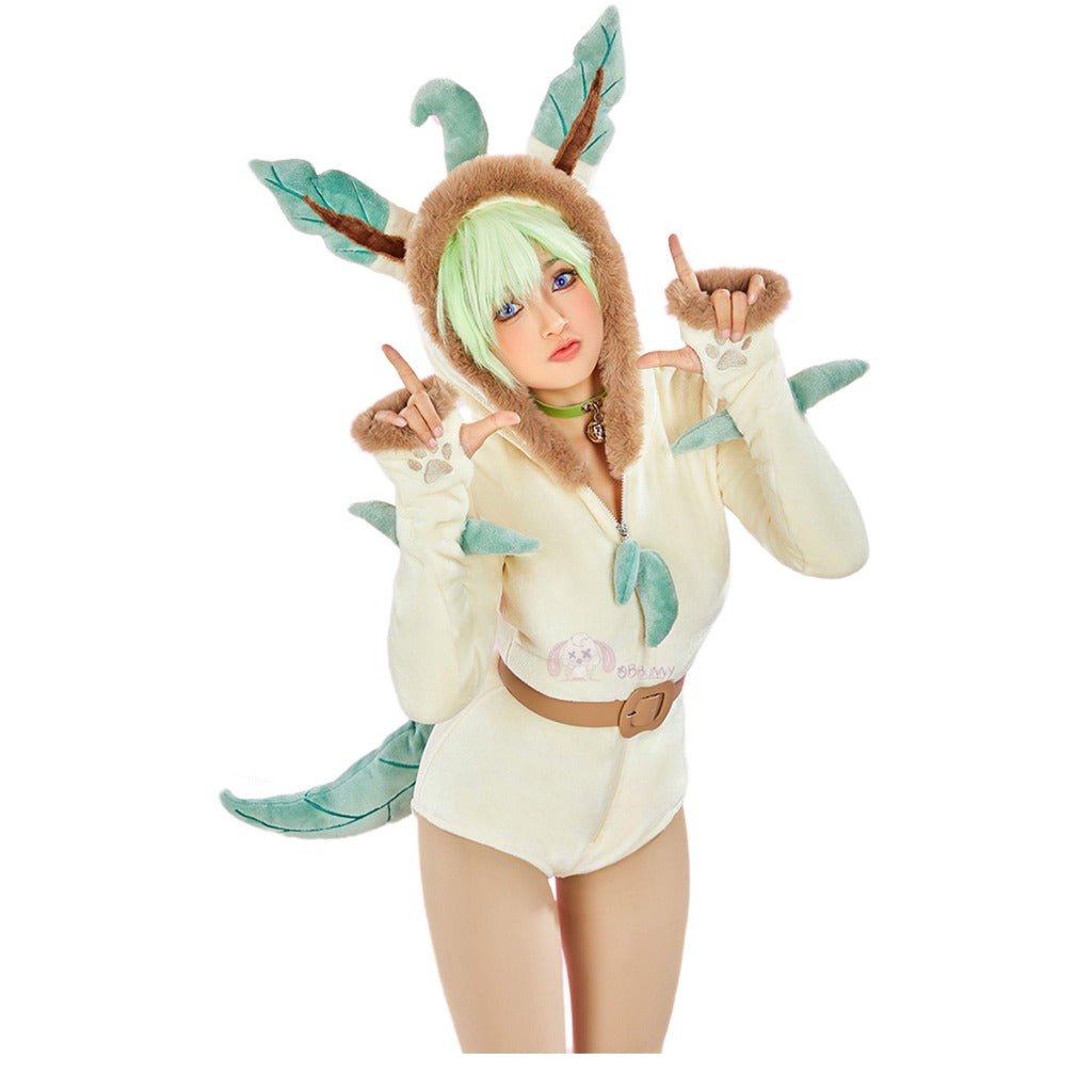 Adorable Pokemon Leafeon Plush Costume Cute Anime Cosplay Jumpsuit for Women - Coscosmos