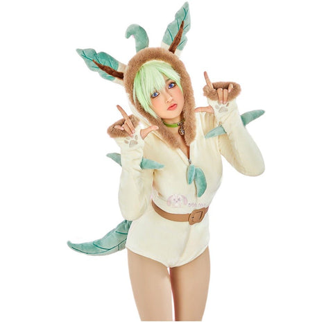 Adorable Pokemon Leafeon Plush Costume Cute Anime Cosplay Jumpsuit for Women - Coscosmos