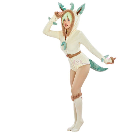 Adorable Pokemon Leafeon Plush Costume Cute Anime Cosplay Jumpsuit for Women - Coscosmos