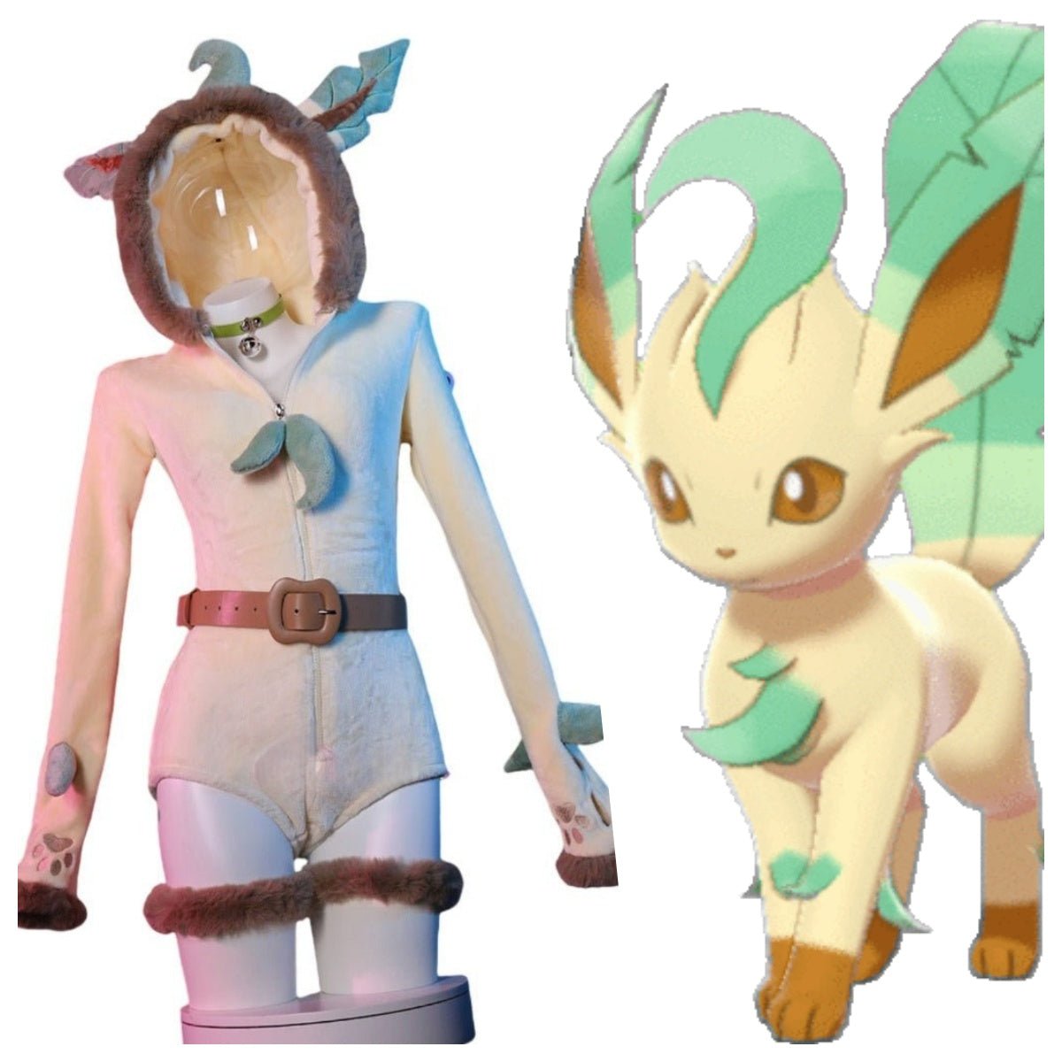 Adorable Pokemon Leafeon Plush Costume Cute Anime Cosplay Jumpsuit for Women - Coscosmos