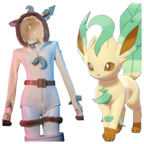 Adorable Pokemon Leafeon Plush Costume Cute Anime Cosplay Jumpsuit for Women - Coscosmos