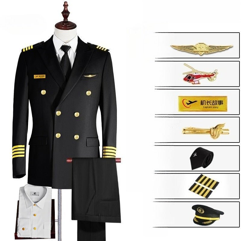 Airline Captain Pilot Uniform Cosplay Costume - Black/Blue Suit with 7 Accessories and Shoulder Straps for Halloween, Cosplay, and Parties - Coscosmos
