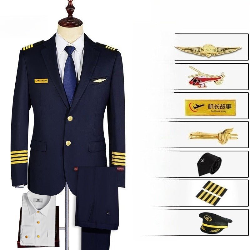Airline Captain Pilot Uniform Cosplay Costume - Black/Blue Suit with 7 Accessories and Shoulder Straps for Halloween, Cosplay, and Parties - Coscosmos