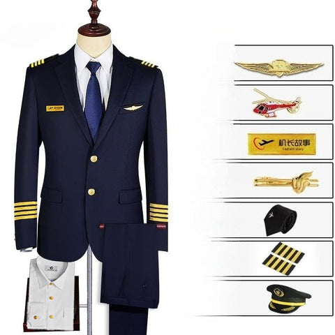 Airline Captain Pilot Uniform Cosplay Costume - Black/Blue Suit with 7 Accessories and Shoulder Straps for Halloween, Cosplay, and Parties - Coscosmos