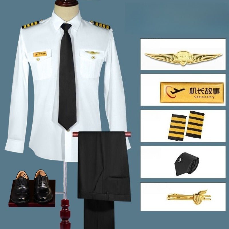 Airline Captain Pilot Uniform Cosplay Costume - Black/Blue Suit with 7 Accessories and Shoulder Straps for Halloween, Cosplay, and Parties - Coscosmos