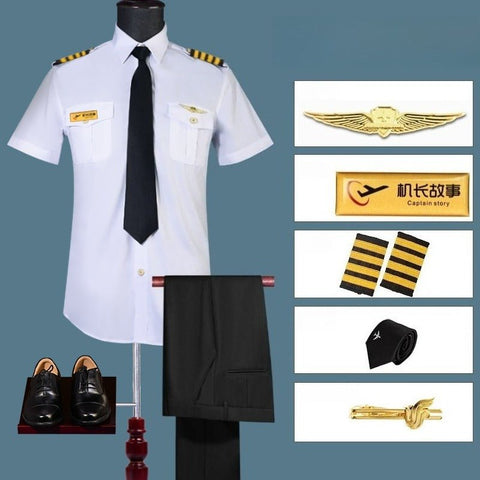 Airline Captain Pilot Uniform Cosplay Costume - Black/Blue Suit with 7 Accessories and Shoulder Straps for Halloween, Cosplay, and Parties - Coscosmos