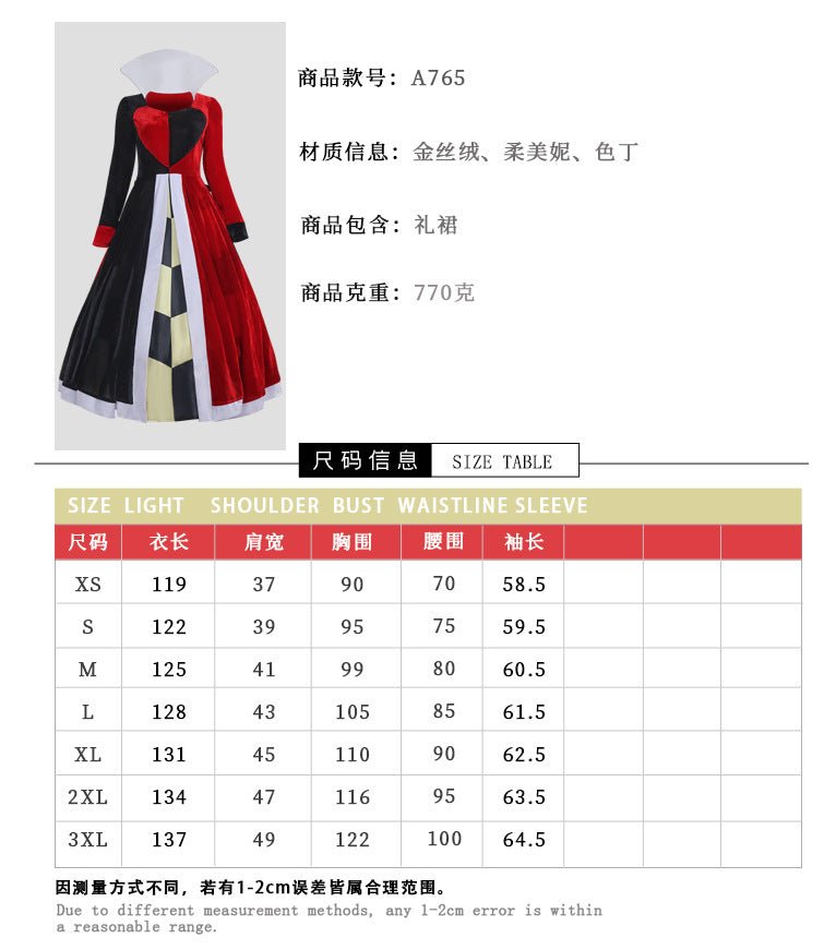Alice in Wonderland Queen of Hearts Cosplay Costume Halloween Outfit - Coscosmos