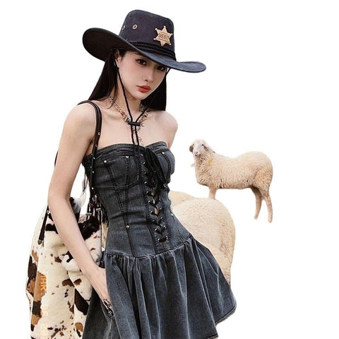 American Western Cowboy Style Spicy Girl Strapless Denim Dress Clothing Outfit Waist Cinching Vintage Summer Women Petite - Coscosmos