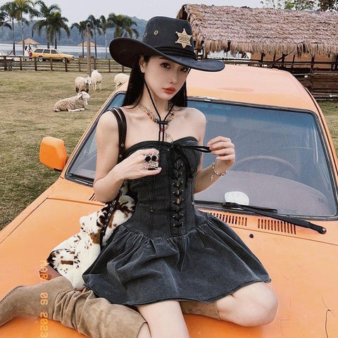 American Western Cowboy Style Spicy Girl Strapless Denim Dress Clothing Outfit Waist Cinching Vintage Summer Women Petite - Coscosmos