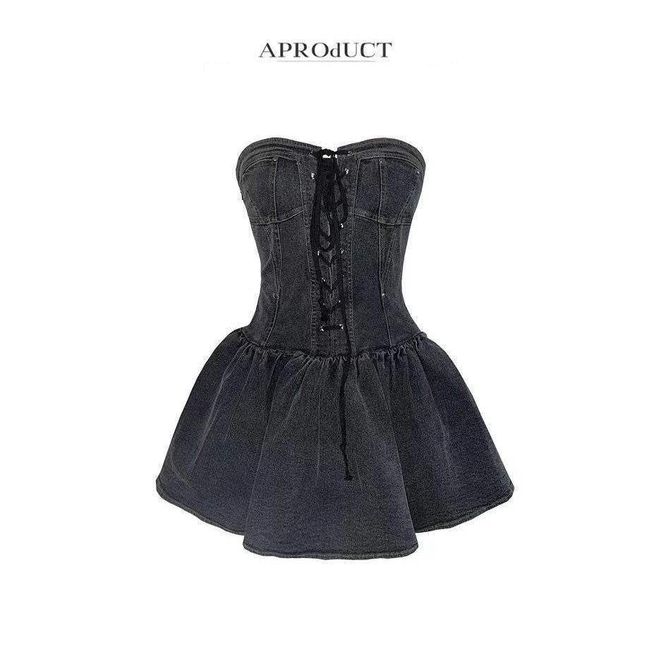 American Western Cowboy Style Spicy Girl Strapless Denim Dress Clothing Outfit Waist Cinching Vintage Summer Women Petite - Coscosmos