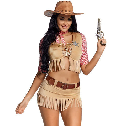 American Western Pioneer Cowboy Halloween Cosplay Two - Piece Tie Fringe Wrap Top Mini Skirt - Coscosmos