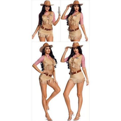 American Western Pioneer Cowboy Halloween Cosplay Two - Piece Tie Fringe Wrap Top Mini Skirt - Coscosmos