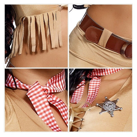 American Western Pioneer Cowboy Halloween Cosplay Two - Piece Tie Fringe Wrap Top Mini Skirt - Coscosmos